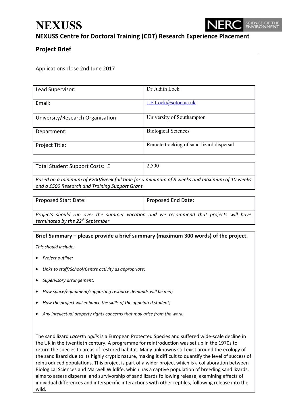 NEXUSS Centre for Doctoral Training (CDT) Research Experience Placement