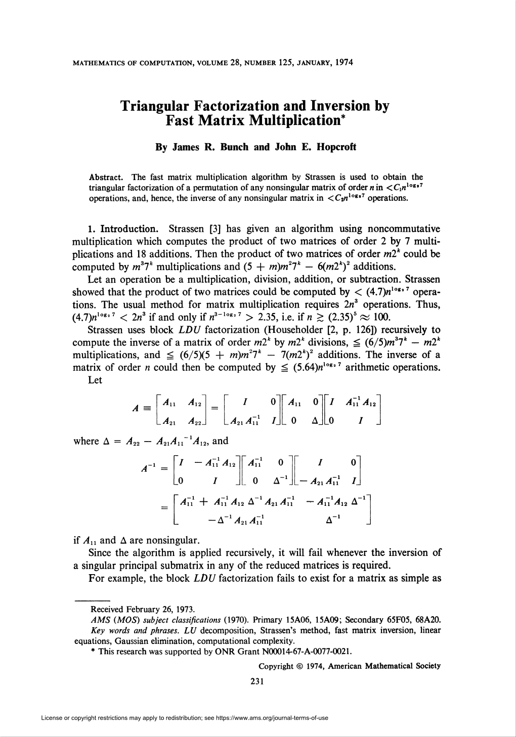 Triangular Factorization and Inversion by Fast Matrix Multiplication*