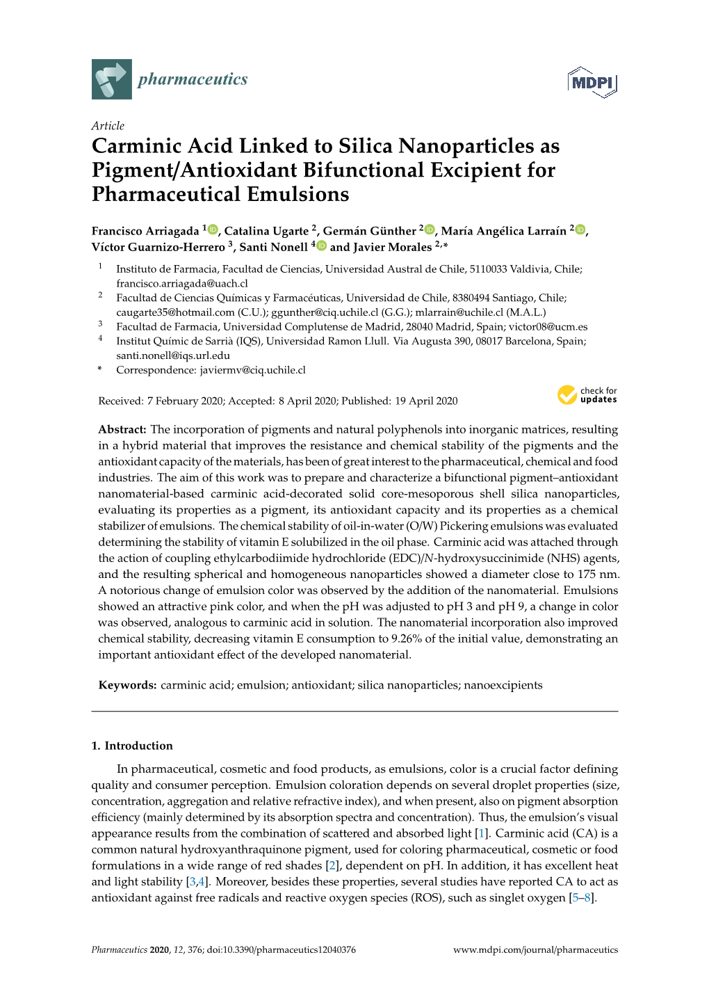 Carminic Acid Linked to Silica Nanoparticles As Pigment/Antioxidant Bifunctional Excipient for Pharmaceutical Emulsions