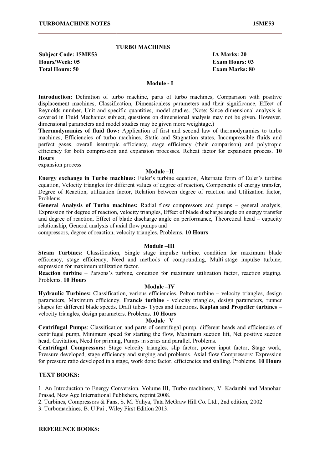 TURBOMACHINE NOTES 15ME53 TURBO MACHINES Subject Code