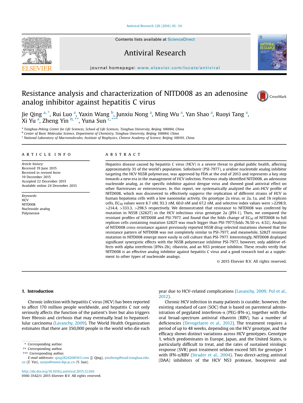 Resistance Analysis and Characterization of NITD008 As an Adenosine Analog Inhibitor Against Hepatitis C Virus