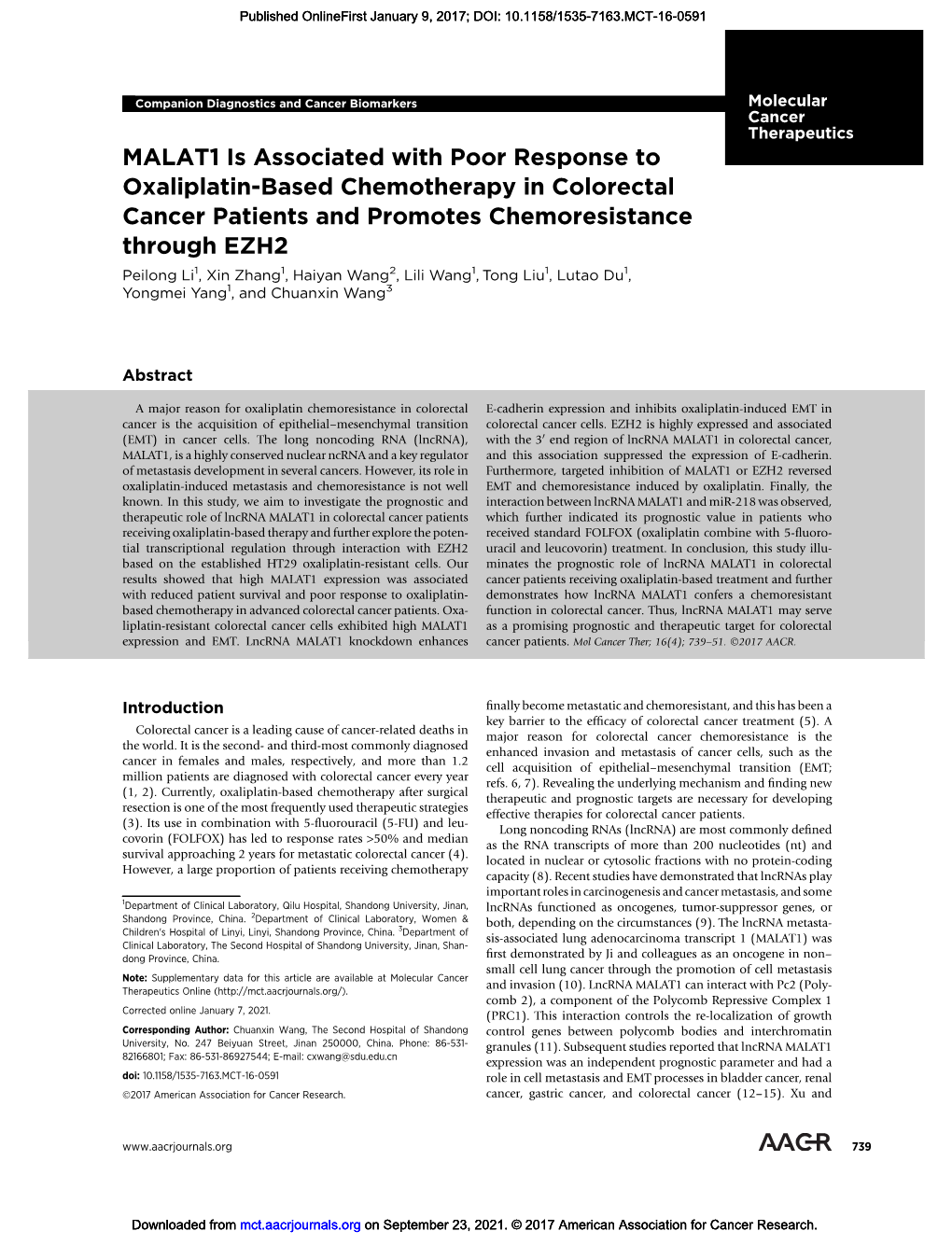 MALAT1 Is Associated with Poor Response to Oxaliplatin-Based