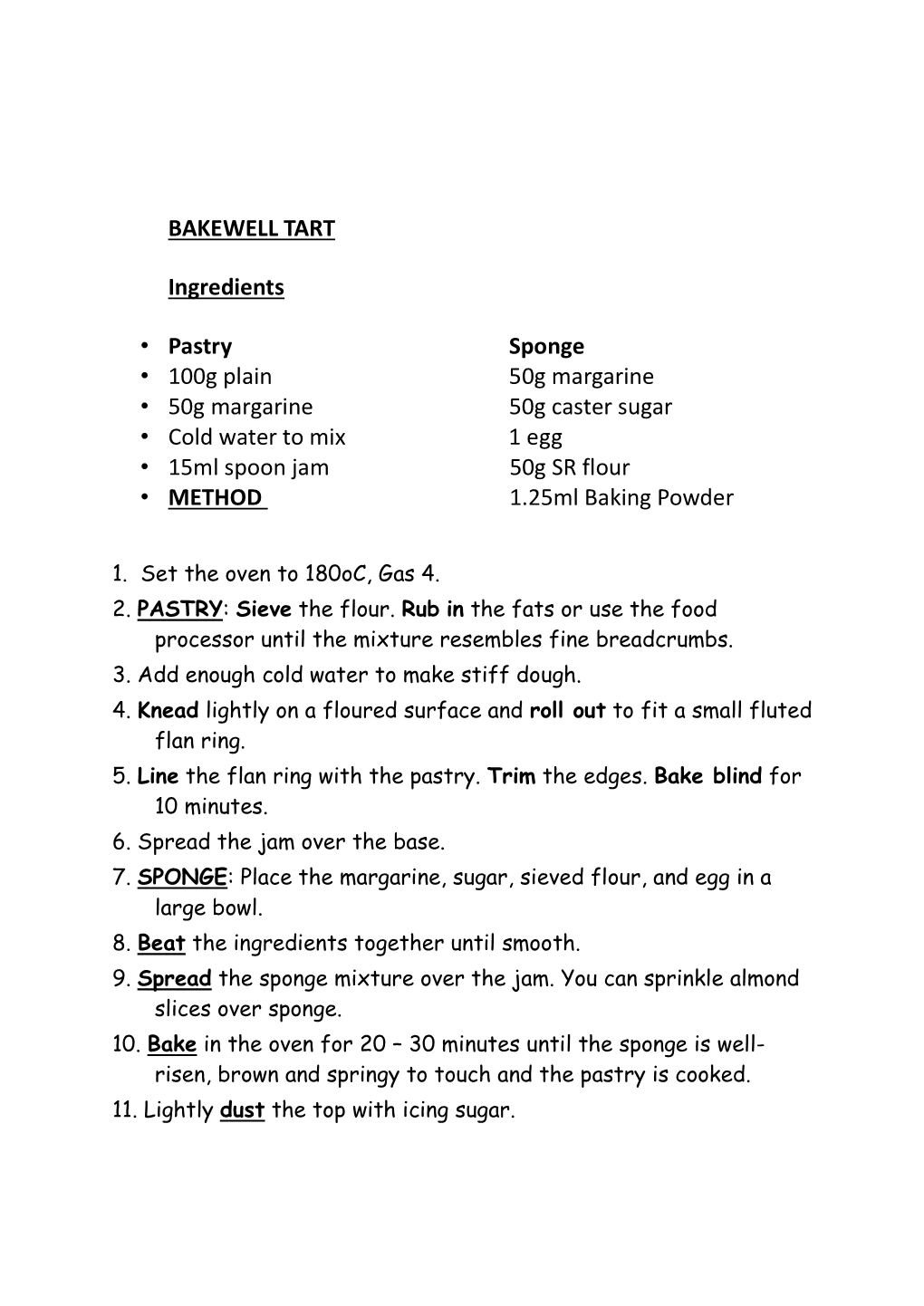 BAKEWELL TART Ingredients • Pastry Sponge • 100G Plain 50G