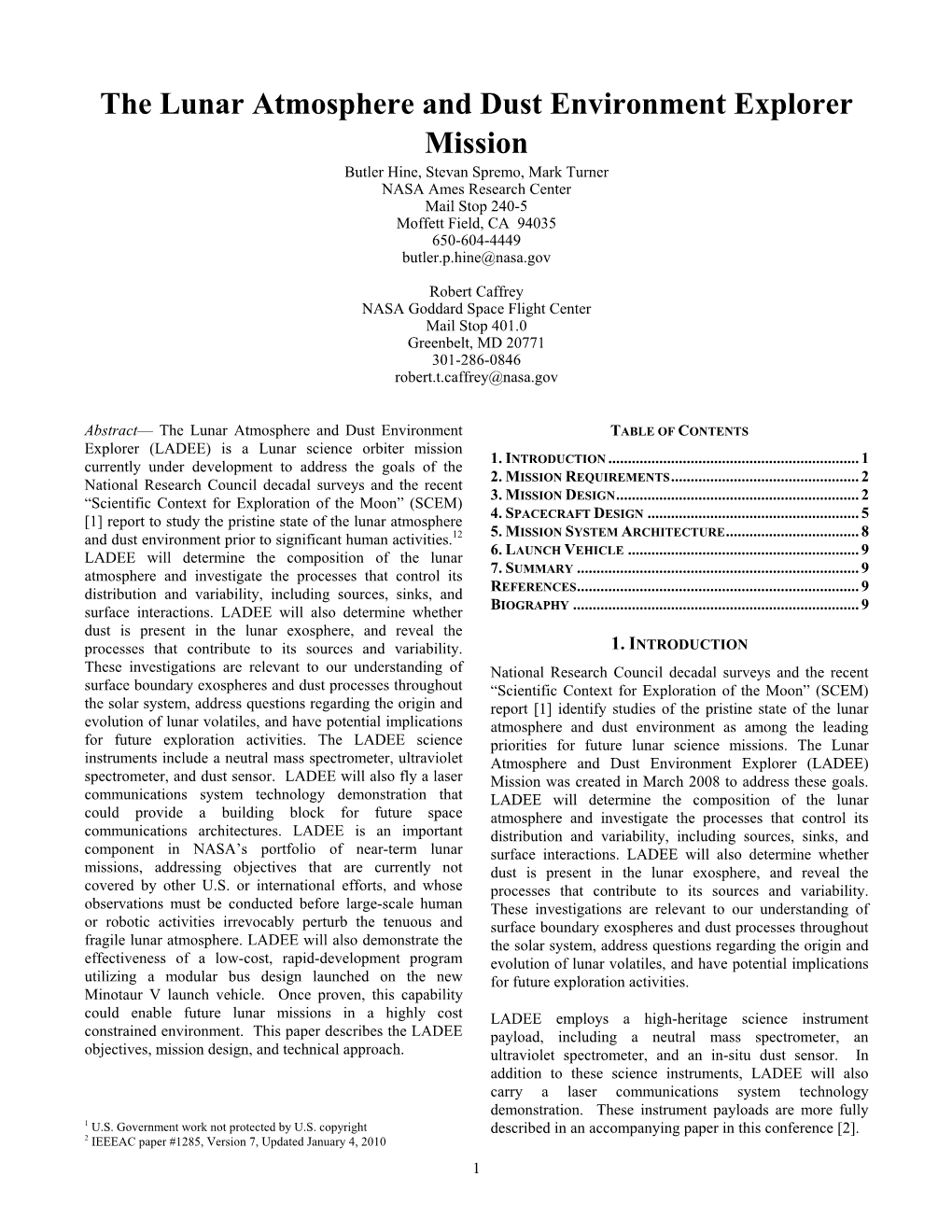 The Lunar Atmosphere and Dust Environment Explorer Mission