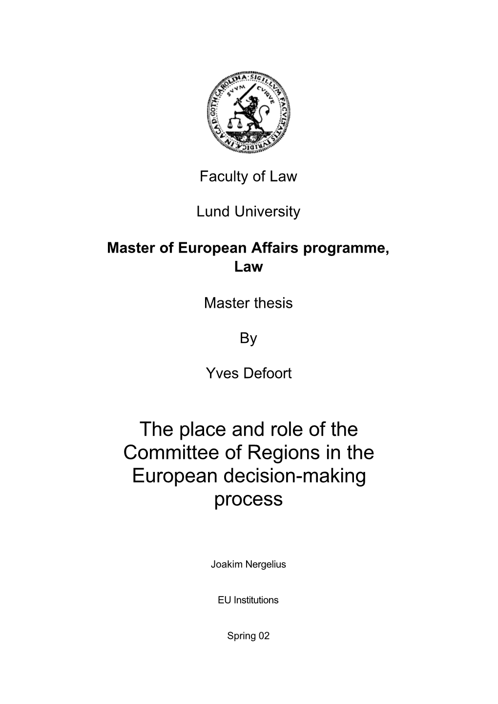 The Place and Role of the Committee of Regions in the European Decision-Making Process