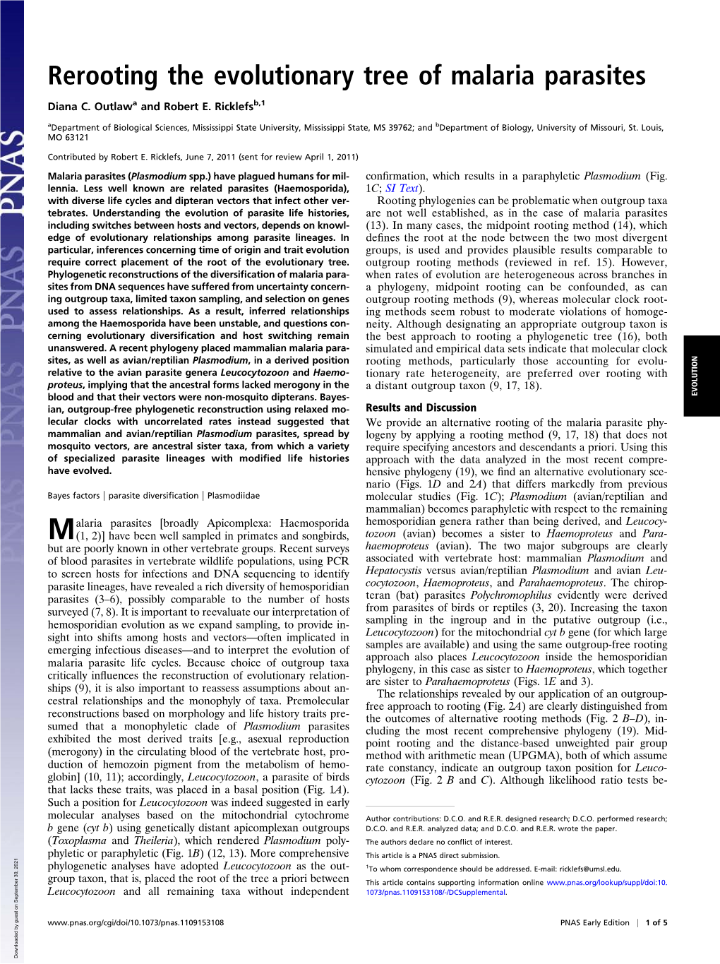 Rerooting the Evolutionary Tree of Malaria Parasites