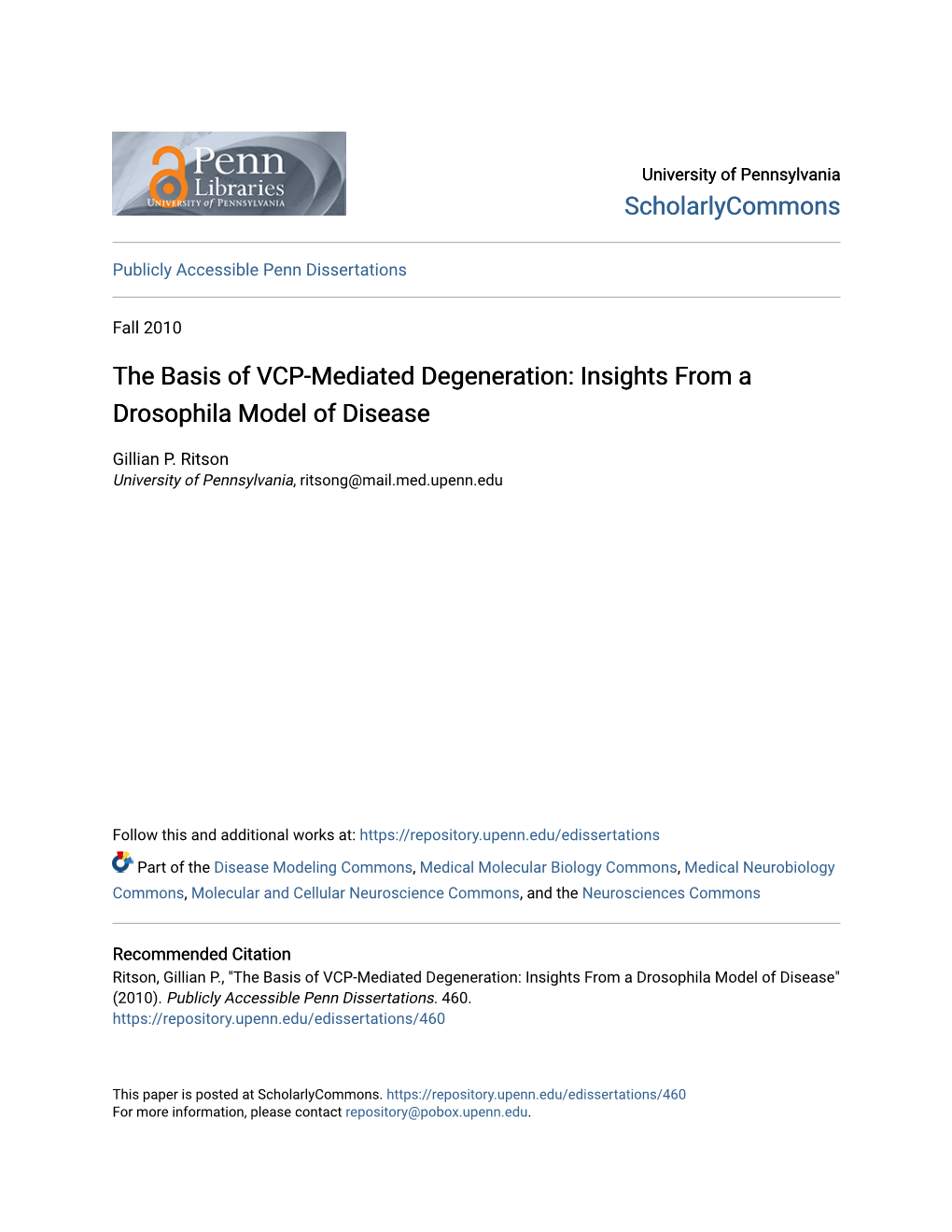 The Basis of VCP-Mediated Degeneration: Insights from a Drosophila Model of Disease