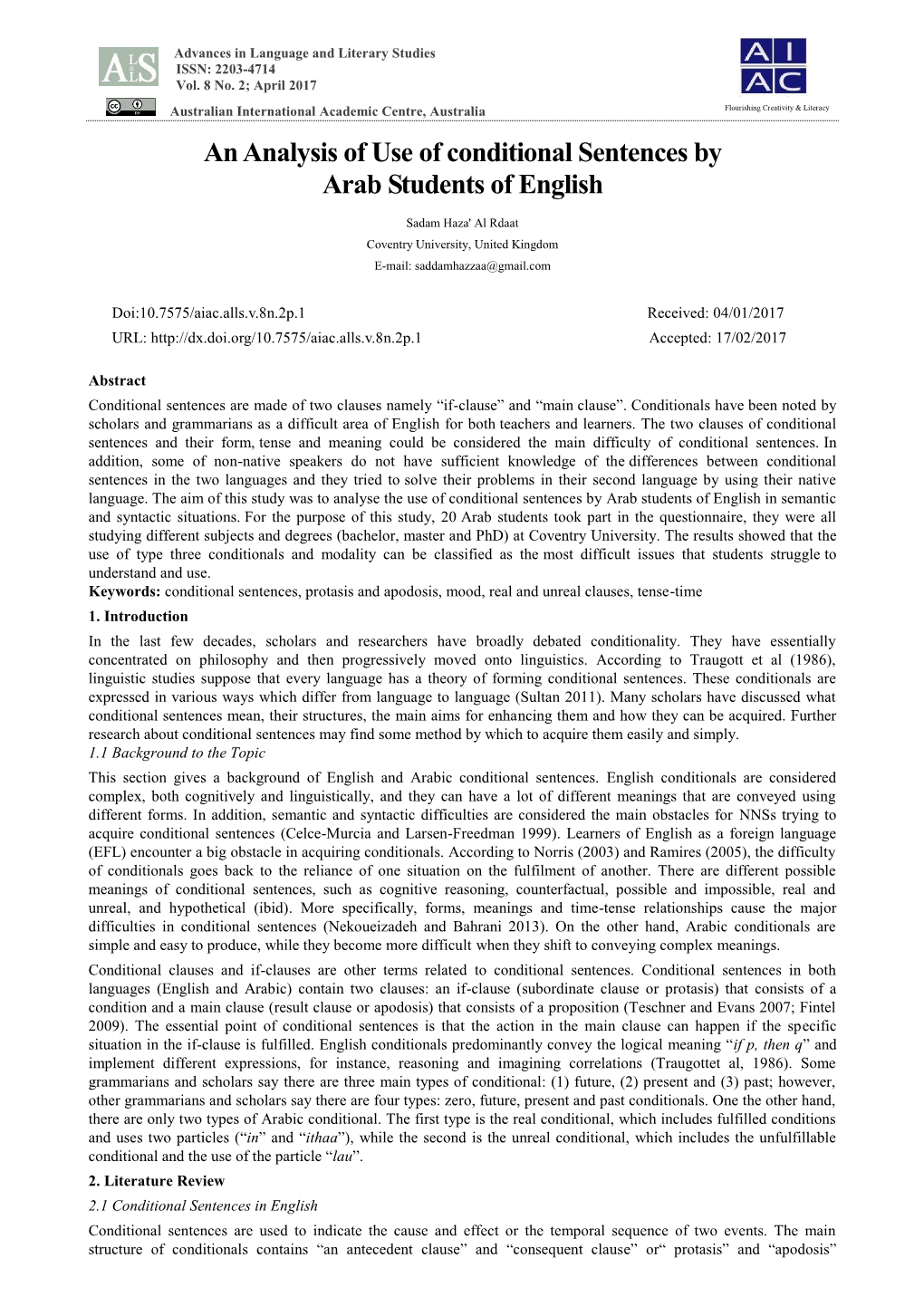 An Analysis of Use of Conditional Sentences by Arab Students of English