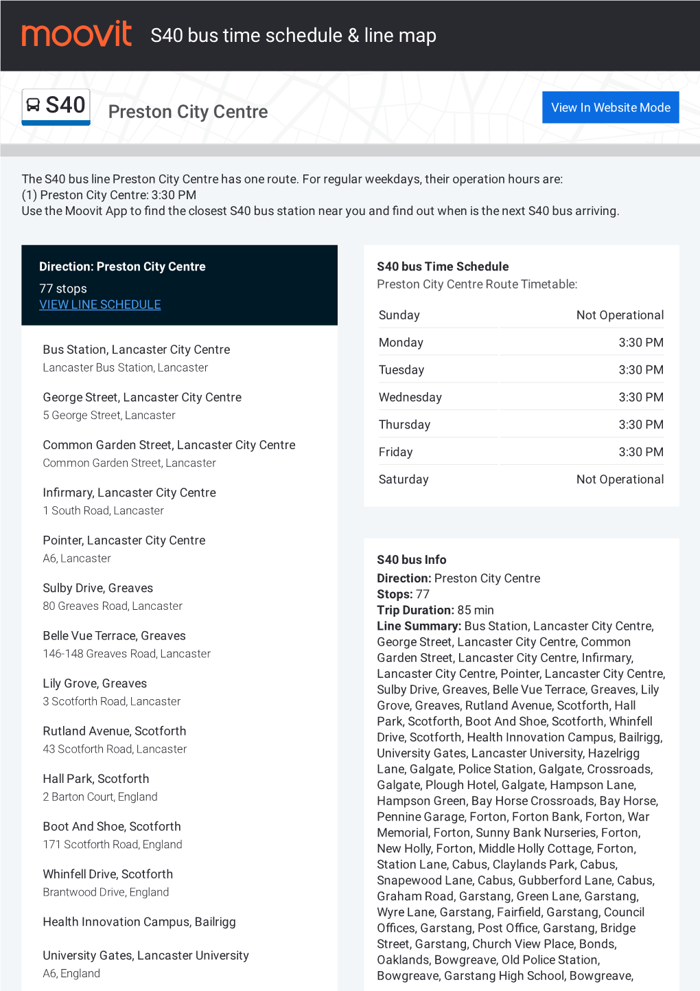 S40 Bus Time Schedule & Line Route