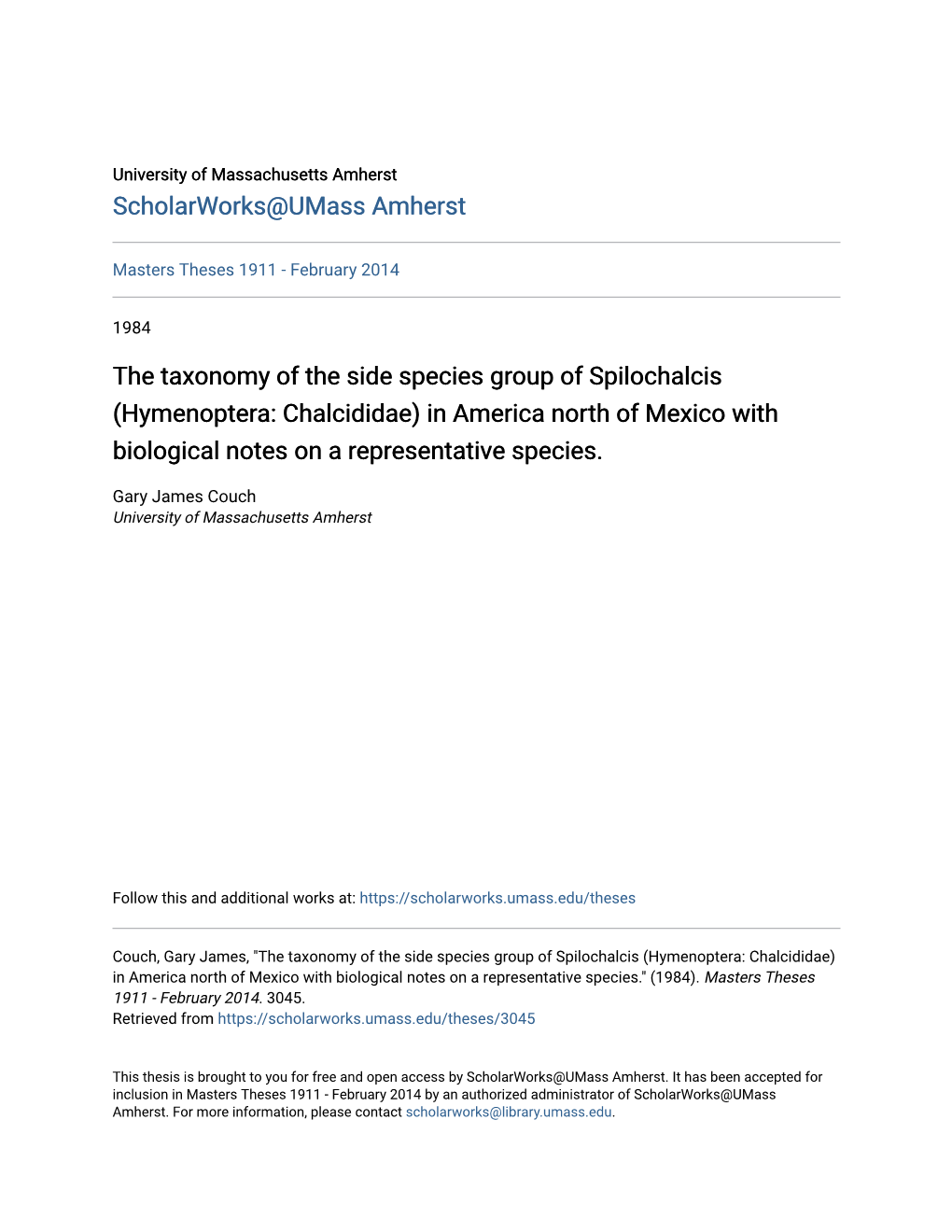 The Taxonomy of the Side Species Group of Spilochalcis (Hymenoptera: Chalcididae) in America North of Mexico with Biological Notes on a Representative Species