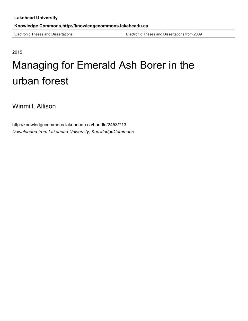 Managing for Emerald Ash Borer in the Urban Forest