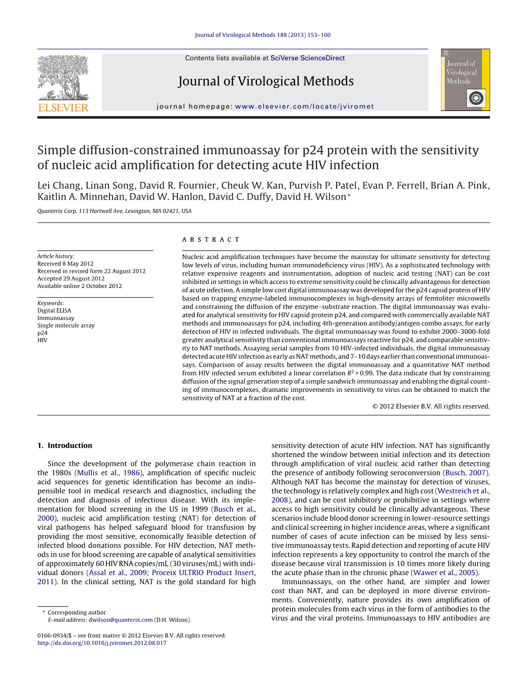 Simple Diffusion-Constrained Immunoassay for P24 Protein with the Sensitivity of Nucleic Acid Amplification for Detecting Acute