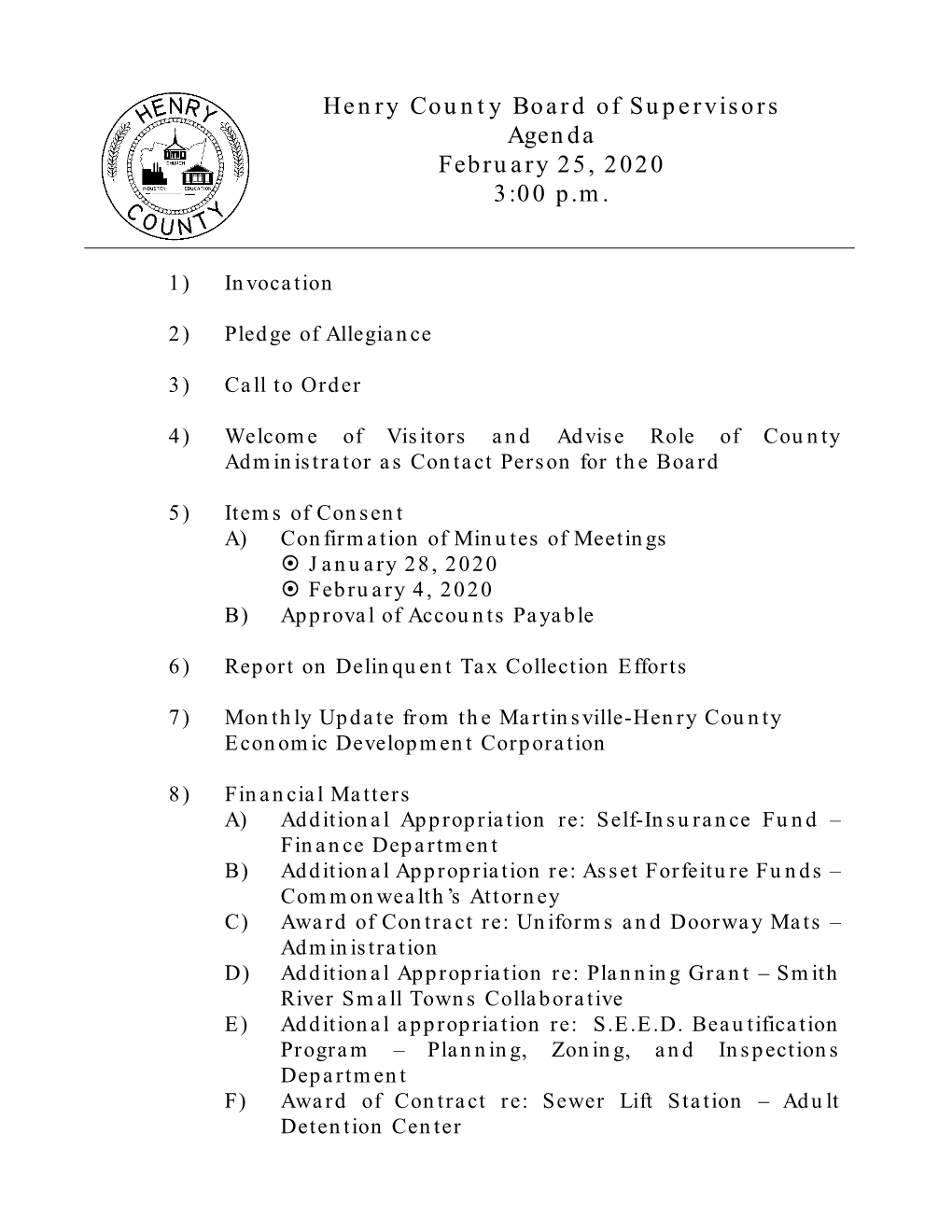 Henry County Board of Supervisors Meeting February 25, 2020