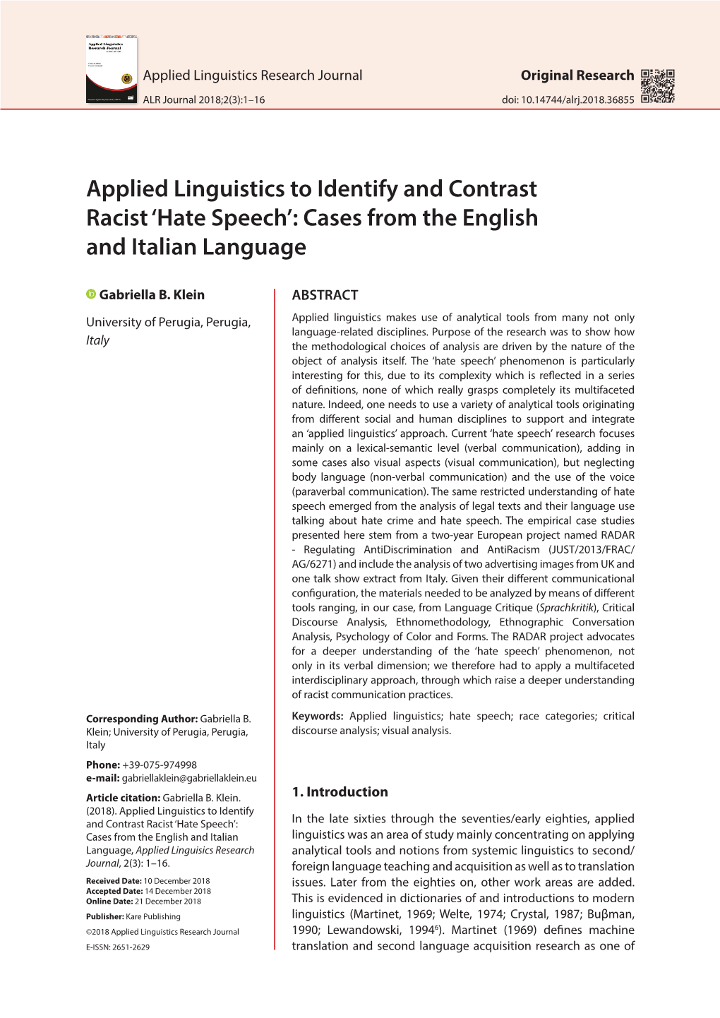 Applied Linguistics to Identify and Contrast Racist 'Hate Speech'