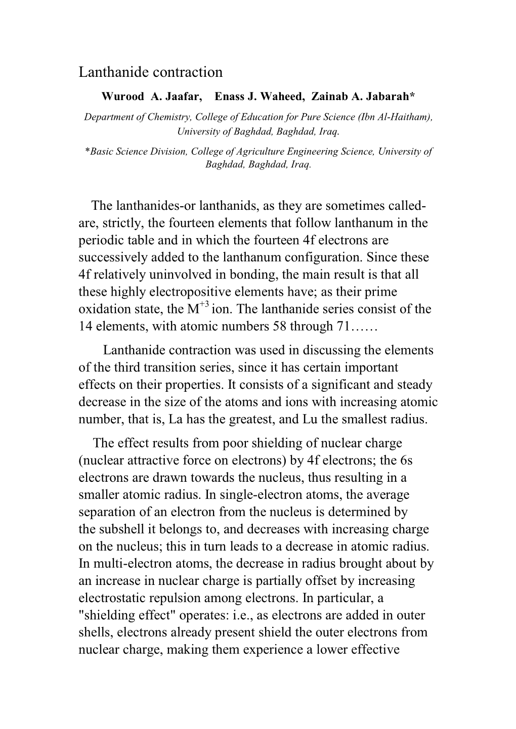 Lanthanide Contraction Lanthanide Contraction W Urood A