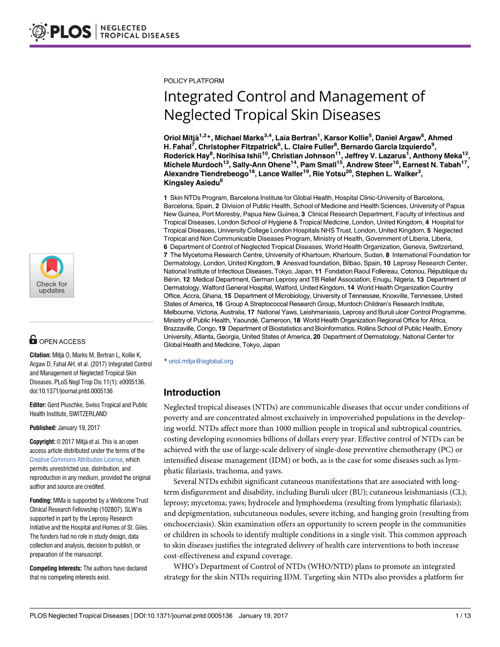 Integrated Control and Management of Neglected Tropical Skin Diseases