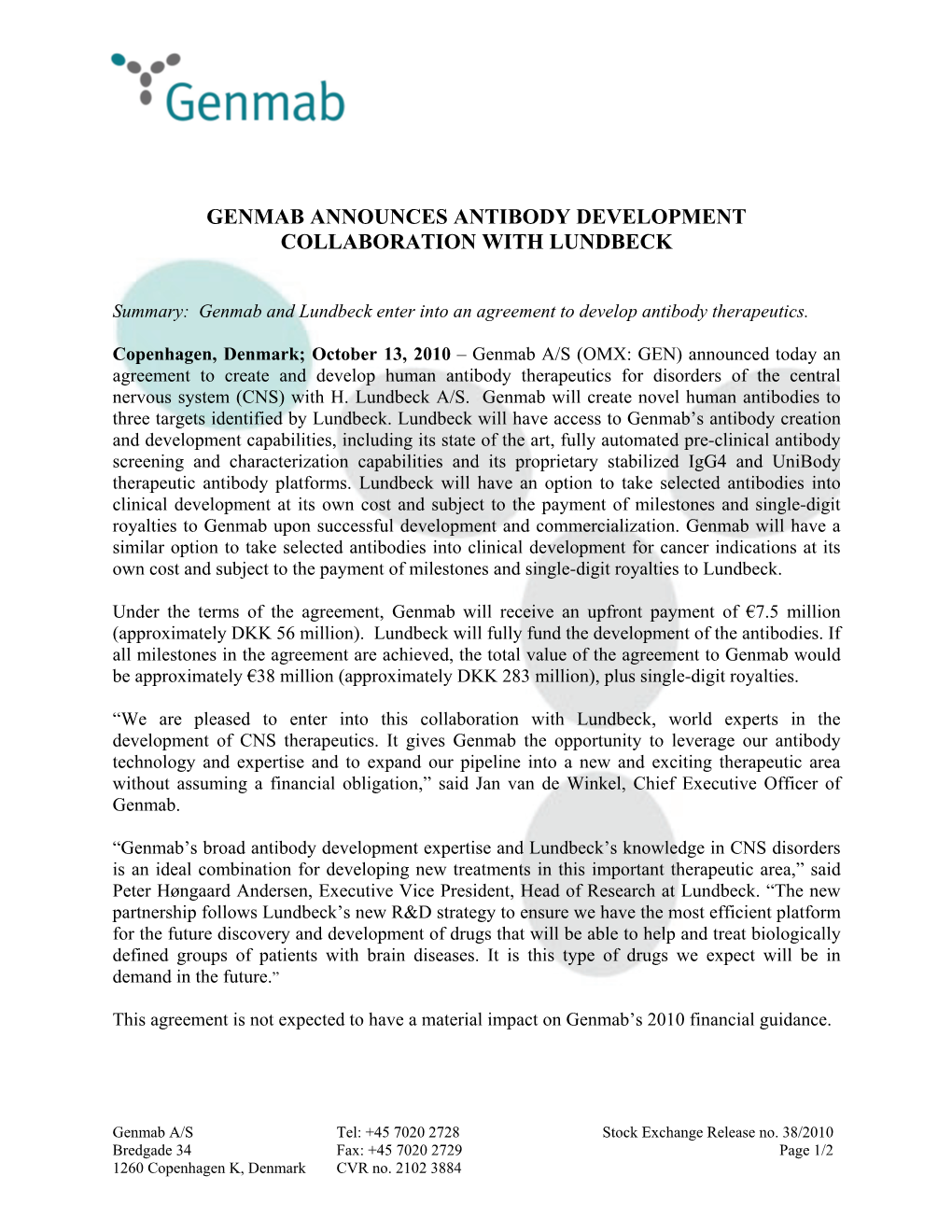Genmab Announces Antibody Development Collaboration with Lundbeck