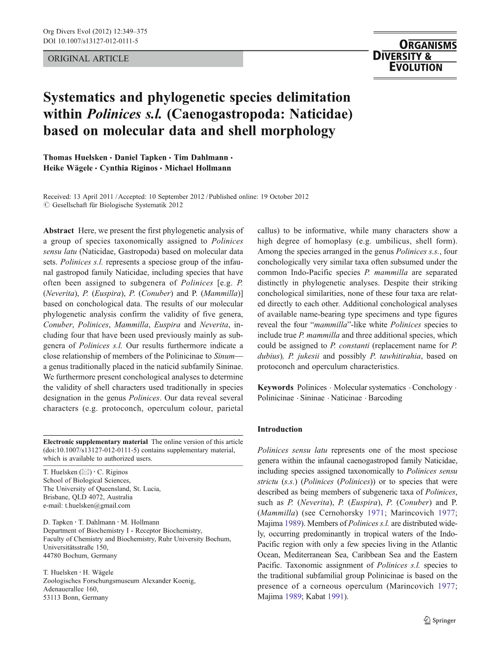 Systematics and Phylogenetic Species Delimitation Within Polinices S.L. (Caenogastropoda: Naticidae) Based on Molecular Data and Shell Morphology