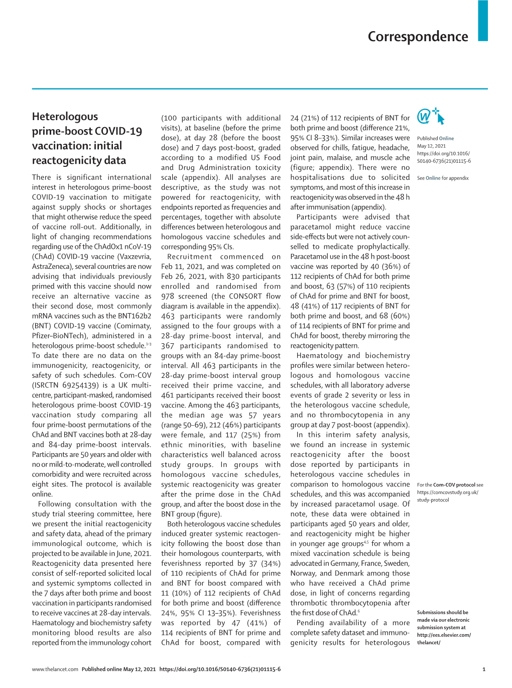 Heterologous Prime-Boost COVID-19 Vaccination: Initial Reactogenicity Data