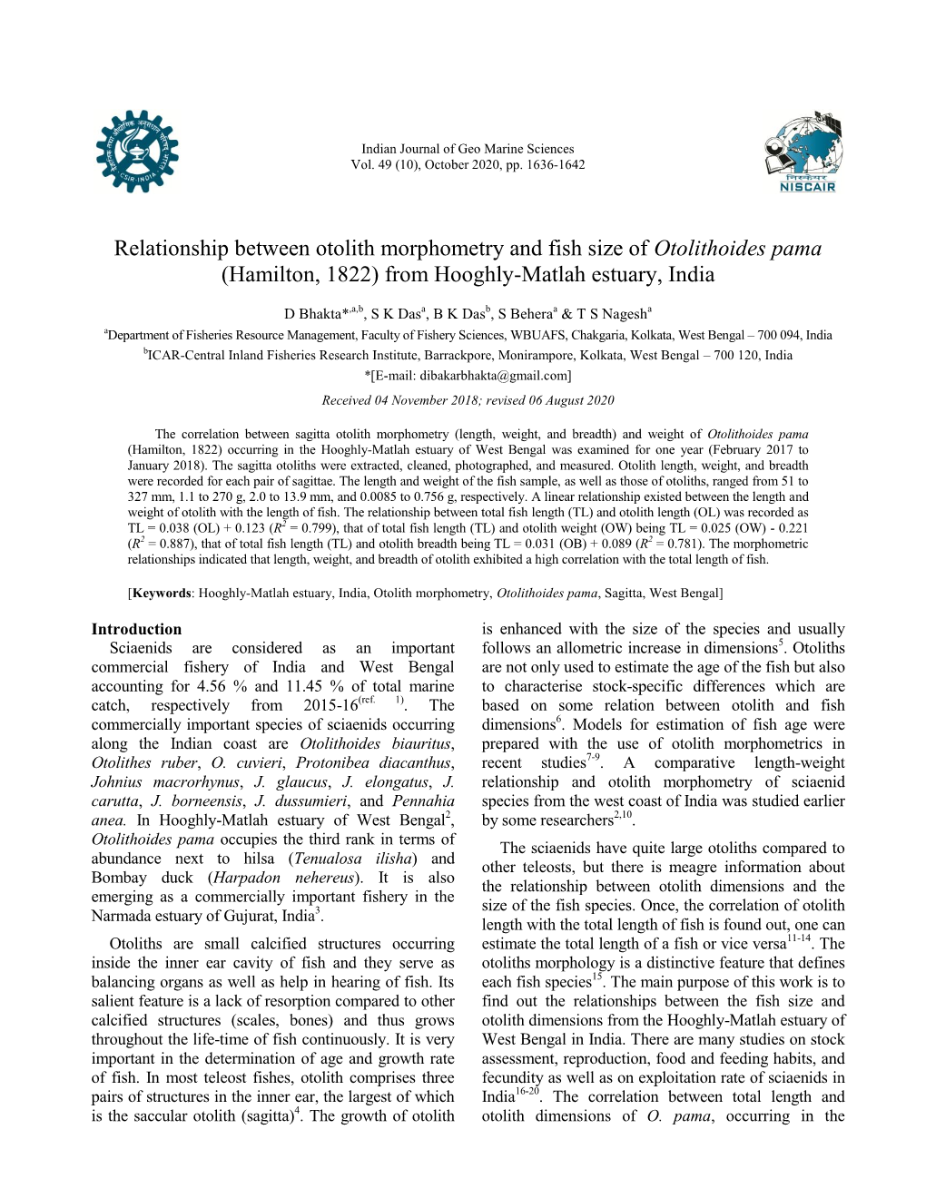 Relationship Between Otolith Morphometry and Fish Size of Otolithoides Pama (Hamilton, 1822) from Hooghly-Matlah Estuary, India