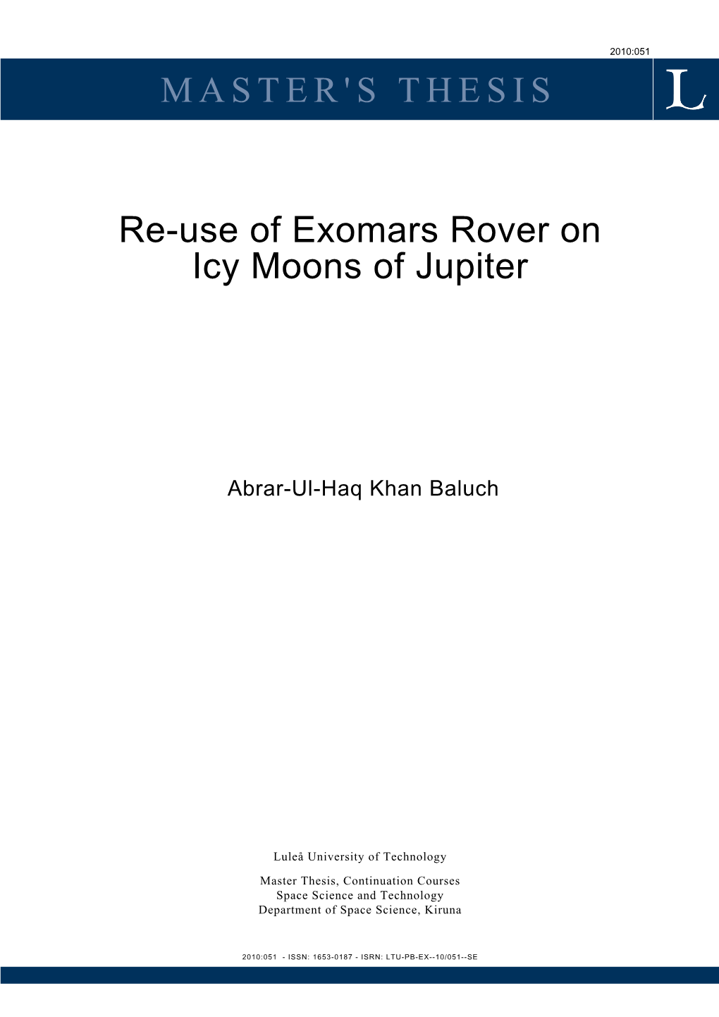 MASTER's THESIS Re-Use of Exomars Rover on Icy Moons of Jupiter