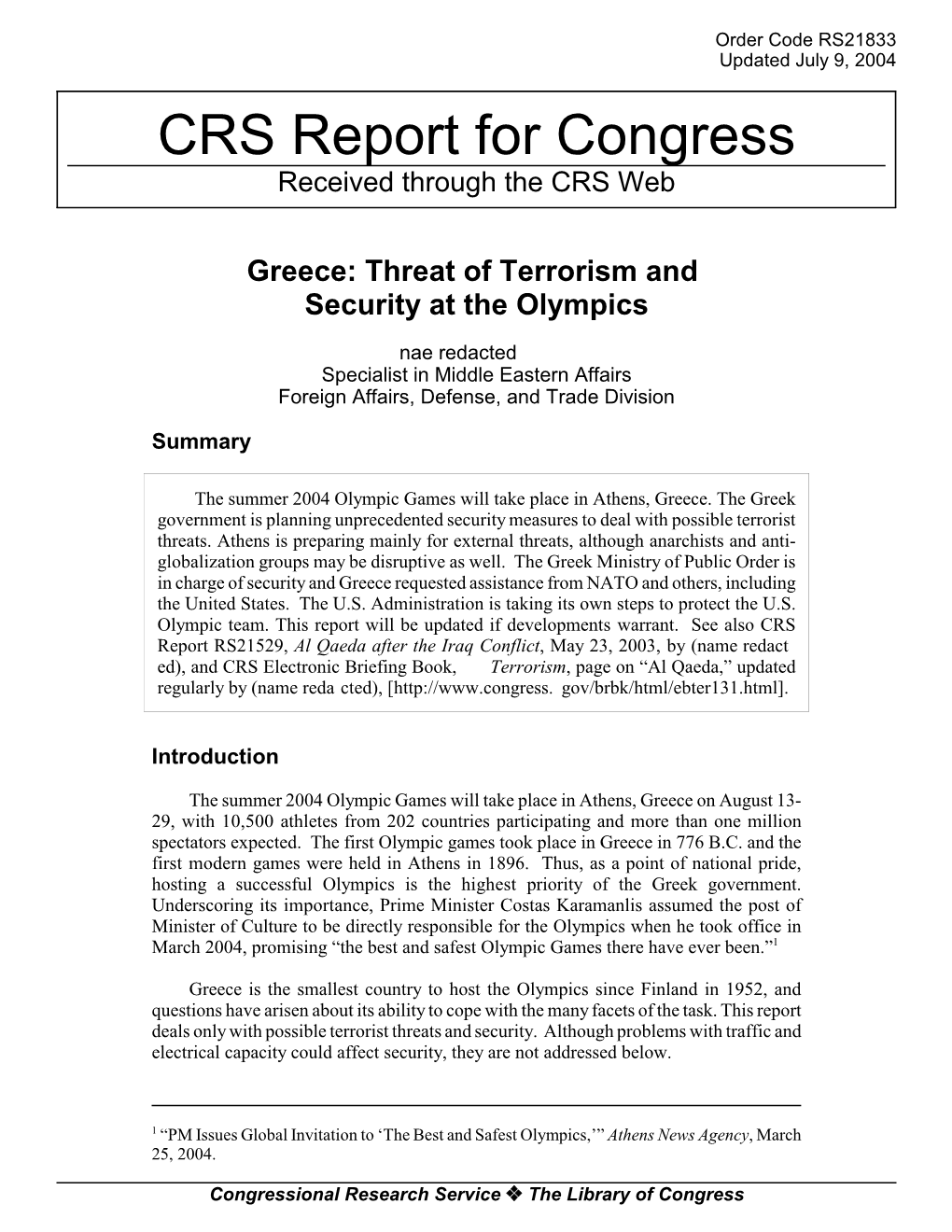 Threat of Terrorism and Security at the Olympics