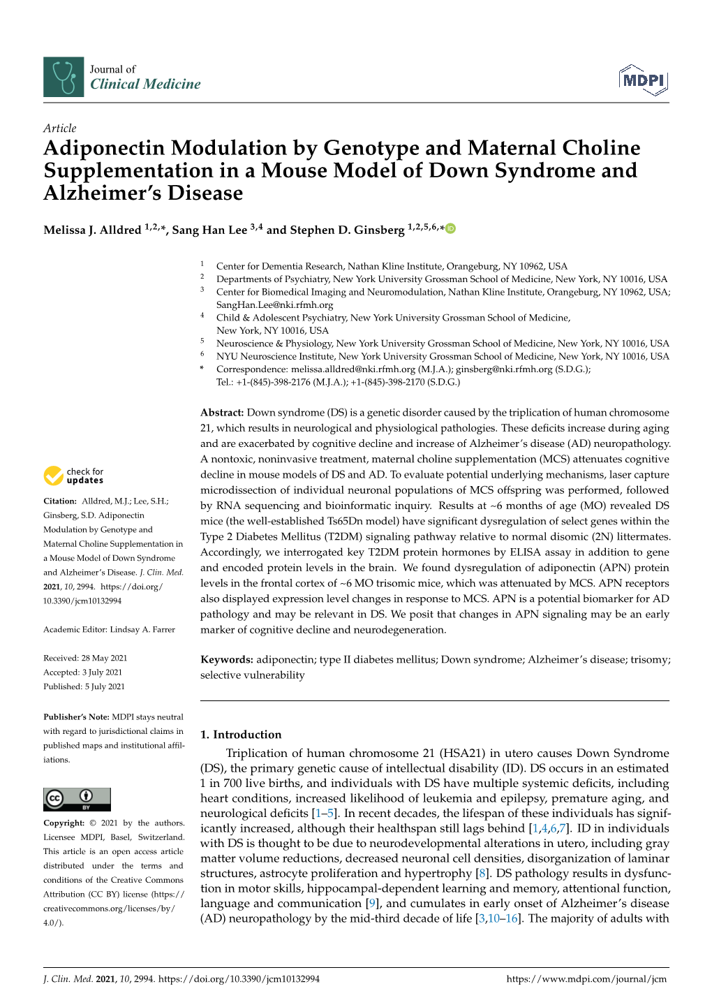 Adiponectin Modulation by Genotype and Maternal Choline Supplementation in a Mouse Model of Down Syndrome and Alzheimer’S Disease