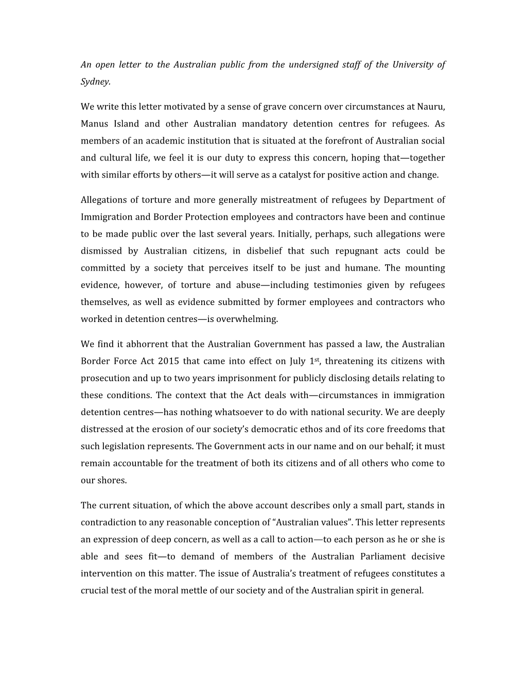 An Open Letter to the Australian Public from the Undersigned Staff of the University of Sydney