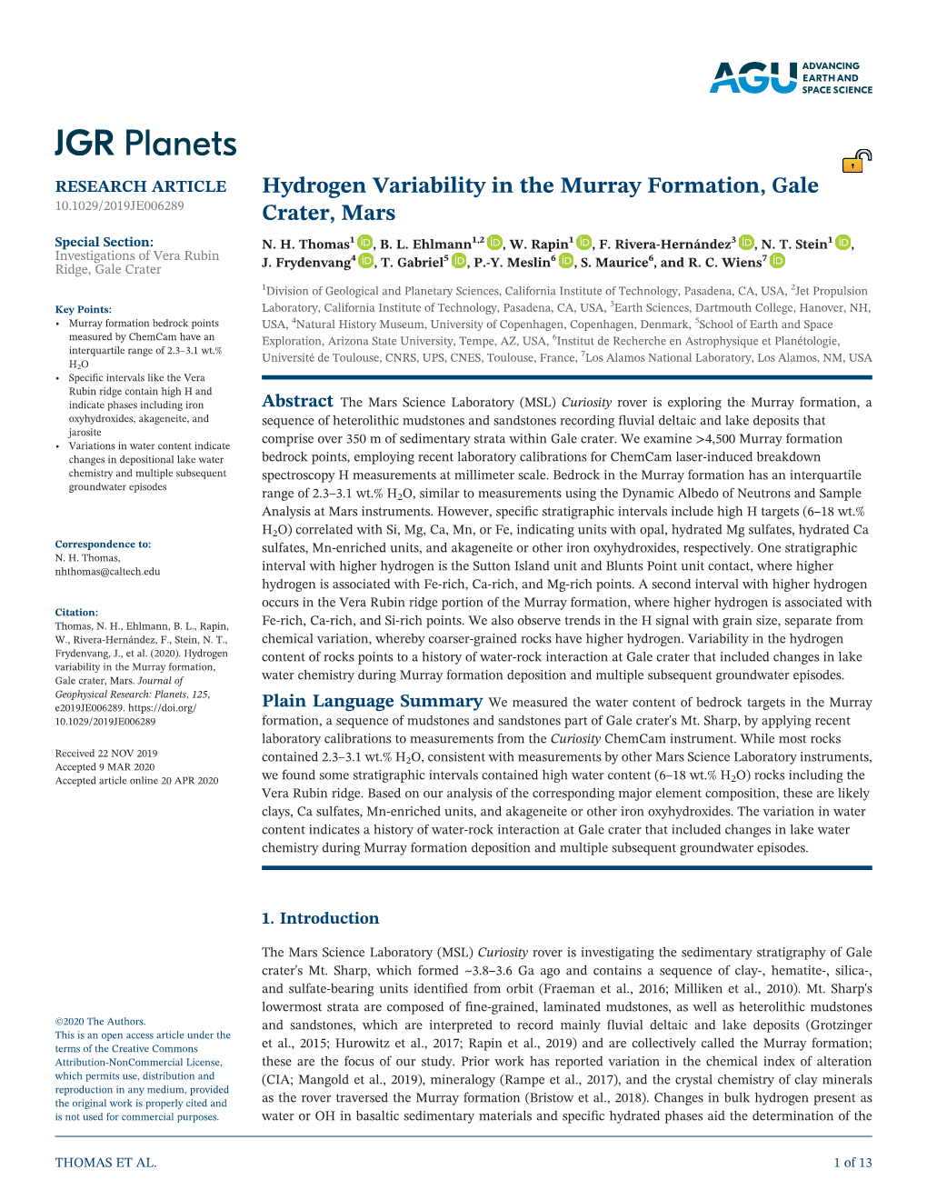 Hydrogen Variability in the Murray Formation, Gale 10.1029/2019JE006289 Crater, Mars Special Section: N