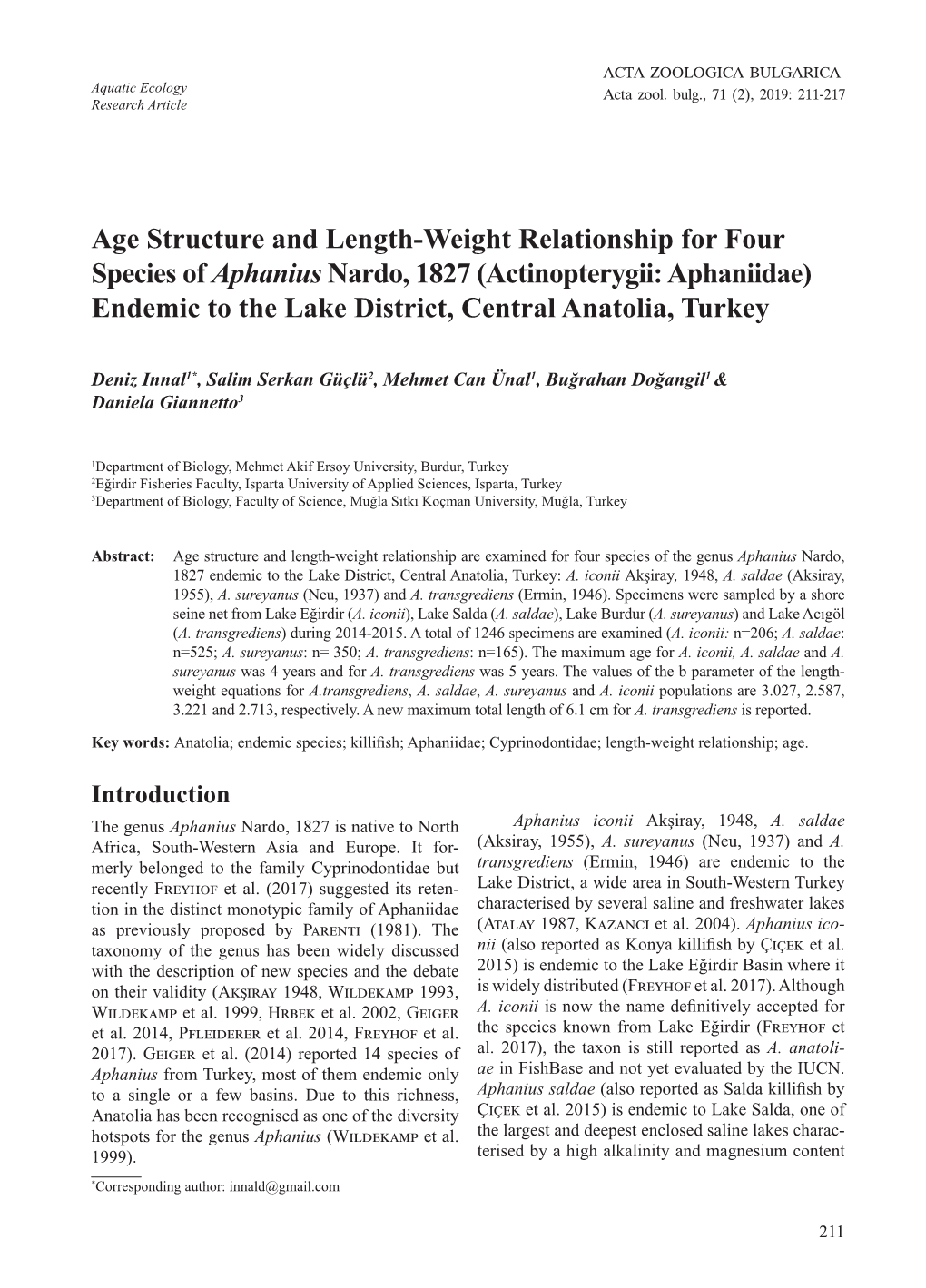 2201 Innal Et Al Four Aphanius Species Endemic Turkey.Indd