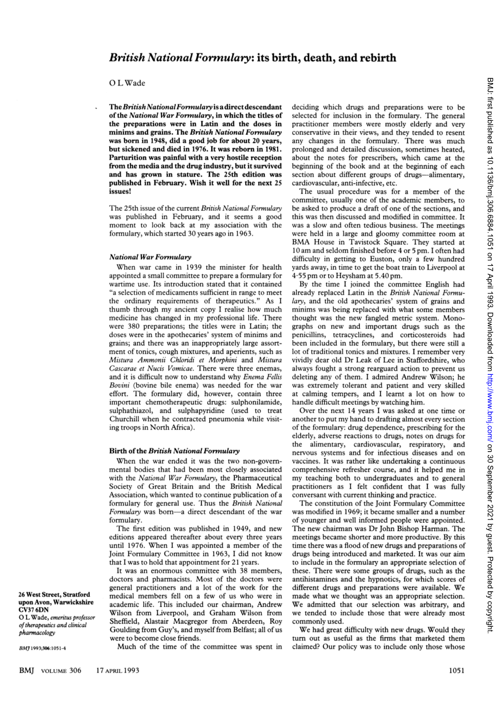 British National Formulary: Its Birth, Death, and Rebirth BMJ: First Published As 10.1136/Bmj.306.6884.1051 on 17 April 1993