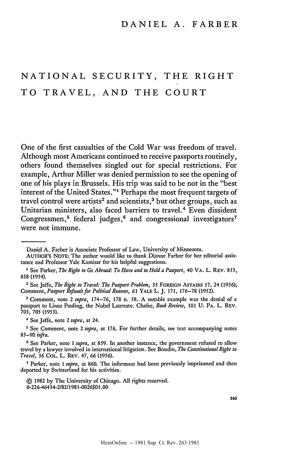 Daniel A. Farber National Security, the Right to Travel, and the Court