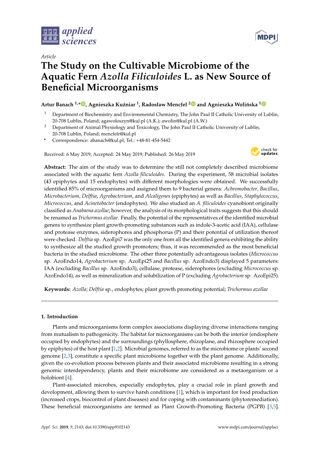 The Study on the Cultivable Microbiome of the Aquatic Fern Azolla Filiculoides L