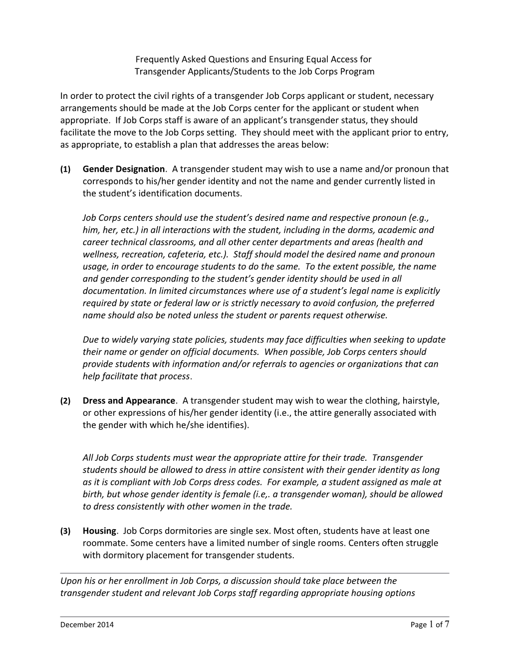 Faqs And Ensuring Equal Access For Transgender Applicants/Students To The Job Corps Program