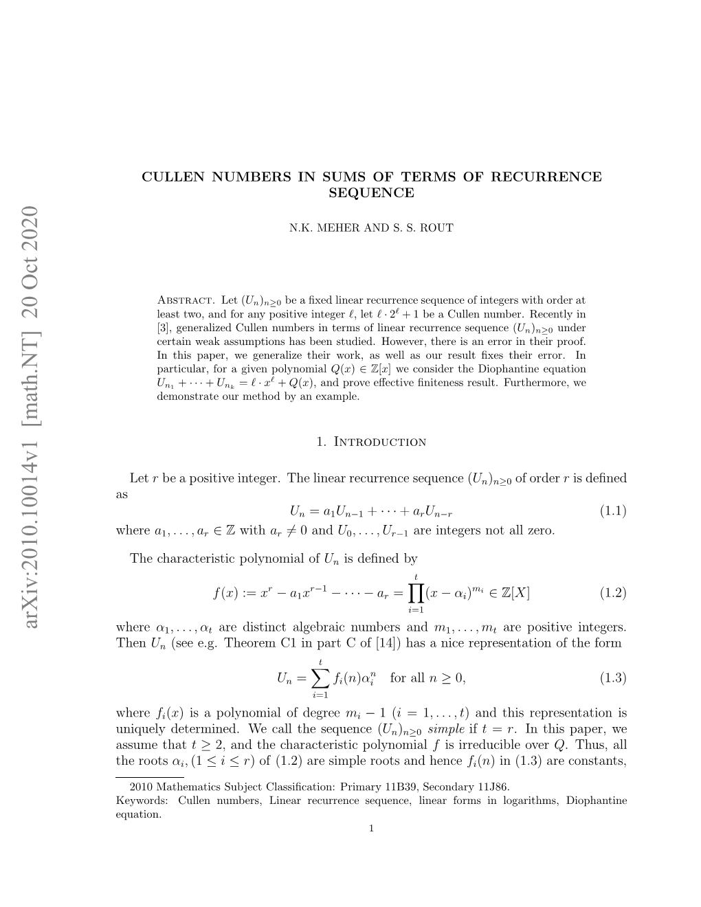 Arxiv:2010.10014V1 [Math.NT] 20 Oct 2020 As Suethat Assume Where Where Nqeydtrie.W Altesqec ( Sequence the Call We Determined