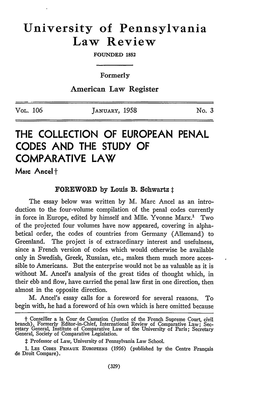 COLLECTION of EUROPEAN PENAL CODES and the STUDY of COMPARATIVE LAW Marc Ancel T