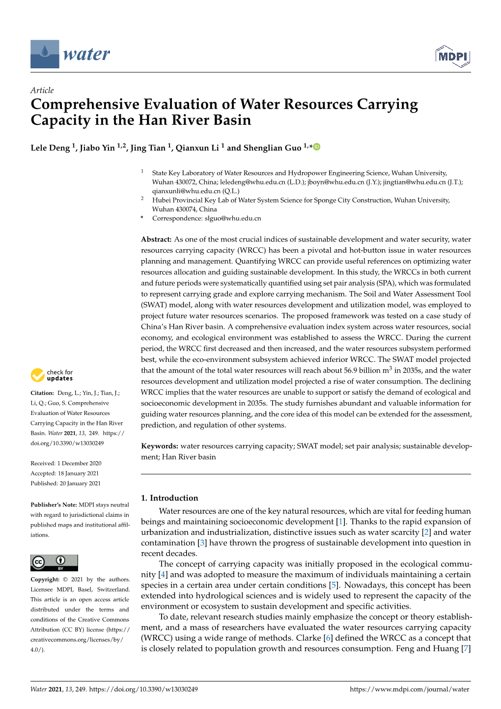 Comprehensive Evaluation of Water Resources Carrying Capacity in the Han River Basin