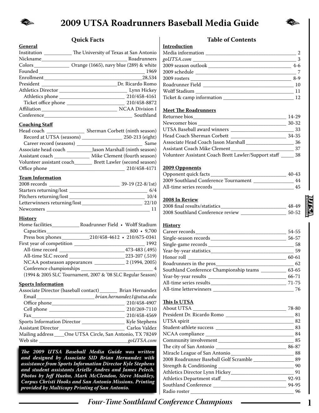 2009 UTSA Roadrunners Baseball Media Guide