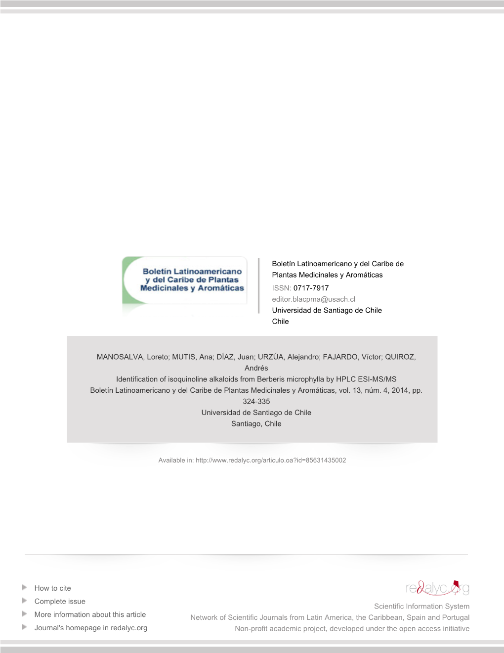 Redalyc.Identification of Isoquinoline Alkaloids from Berberis Microphylla