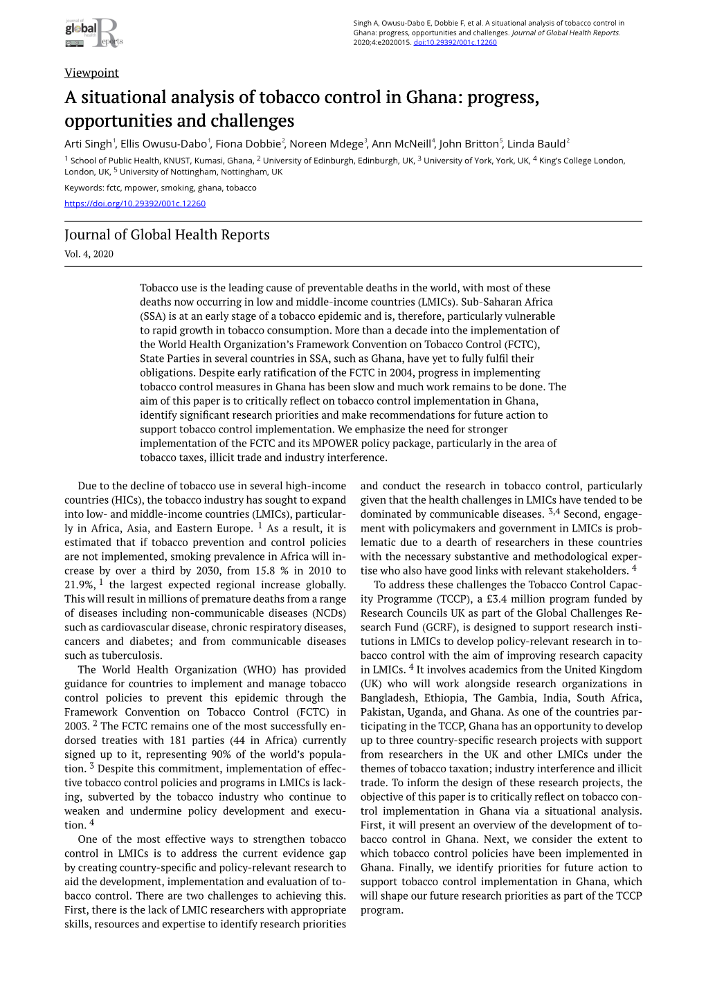 A Situational Analysis of Tobacco Control in Ghana: Progress, Opportunities and Challenges