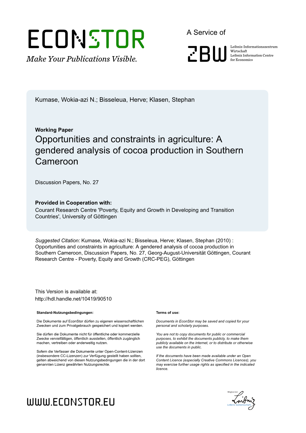 A Gendered Analysis of Cocoa Production in Southern Cameroon