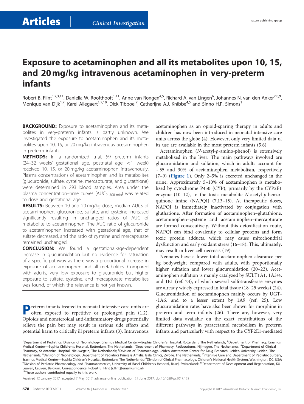 Exposure to Acetaminophen and All Its Metabolites Upon 10, 15, and 20Mg/Kg Intravenous Acetaminophen in Very-Preterm Infants