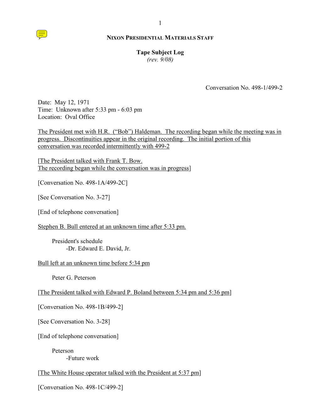 Oval #498: May 12-13, 1971 [Complete Tape Subject Log]