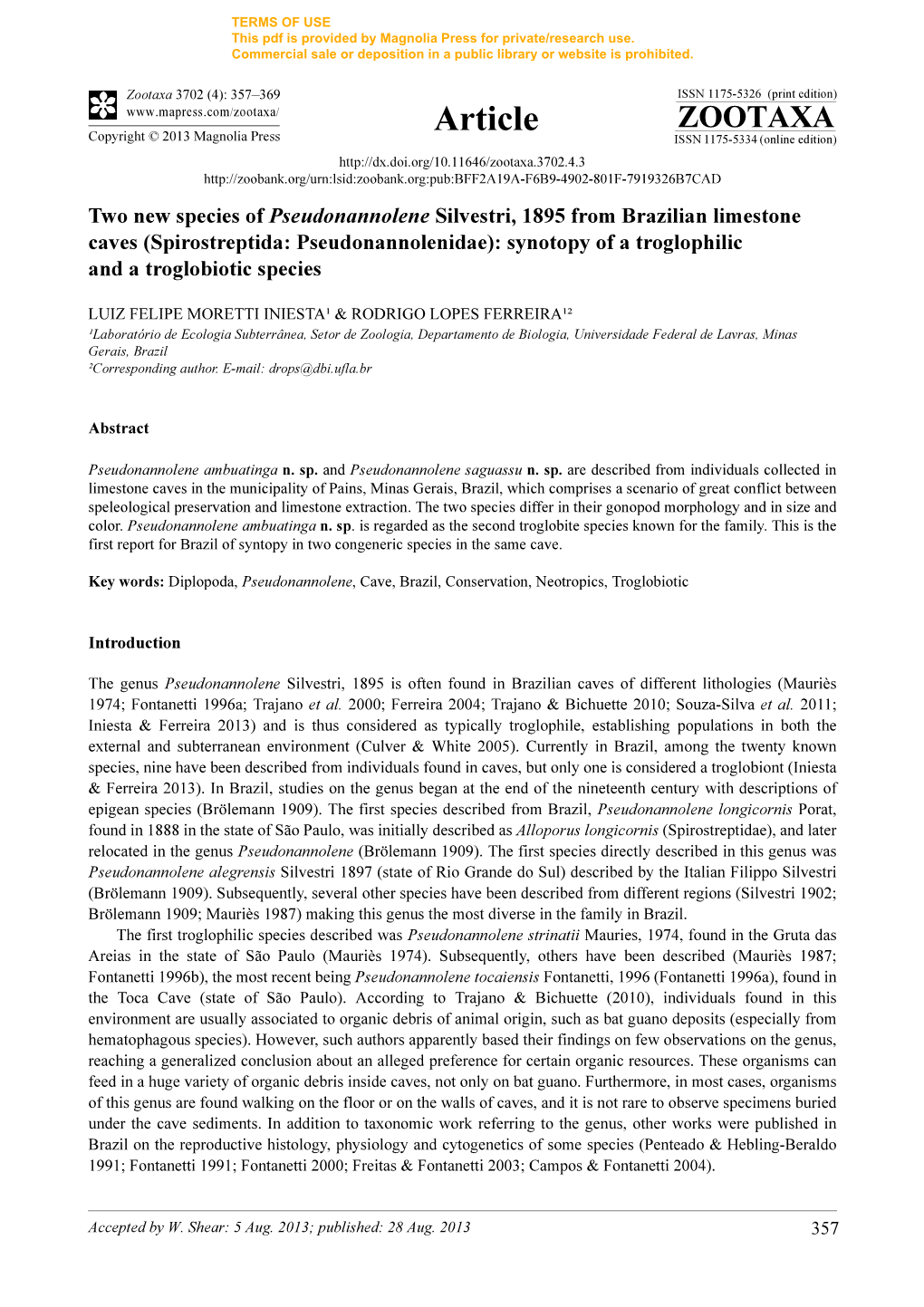 Spirostreptida: Pseudonannolenidae): Synotopy of a Troglophilic and a Troglobiotic Species