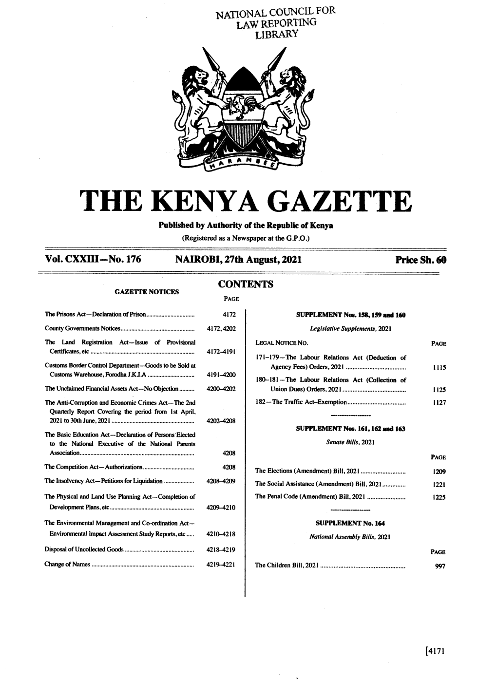 THE KENYA GAZETTE Published by Authority of the Republic of Kenya (Registered As a Newspaper at the G.P.O.) � Vol