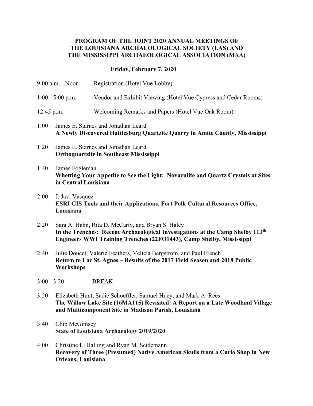 Program of the Joint 2020 Annual Meetings of the Louisiana Archaeological Society (Las) and the Mississippi Archaeological Association (Maa)