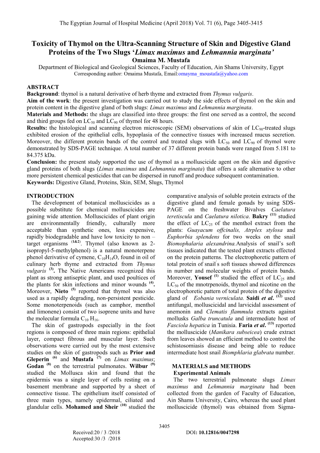 Toxicity of Thymol on the Ultra-Scanning Structure of Skin and Digestive Gland Proteins of the Two Slugs ‘Limax Maximus and Lehmannia Marginata’ Omaima M