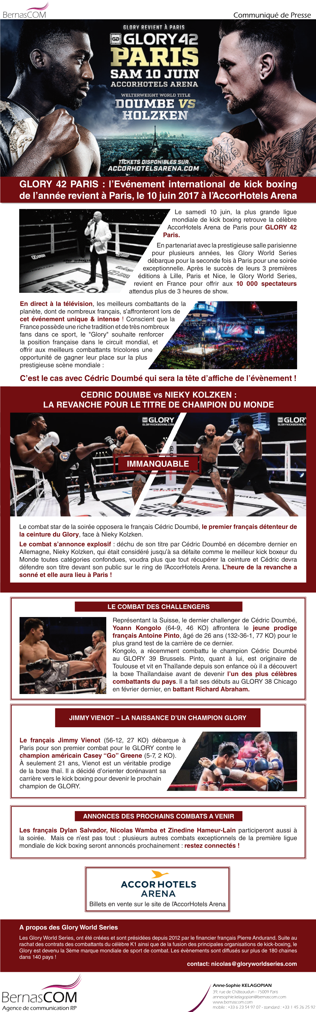 GLORY 42 PARIS : L’Evénement International De Kick Boxing De L’Année Revient À Paris, Le 10 Juin 2017 À L’Accorhotels Arena