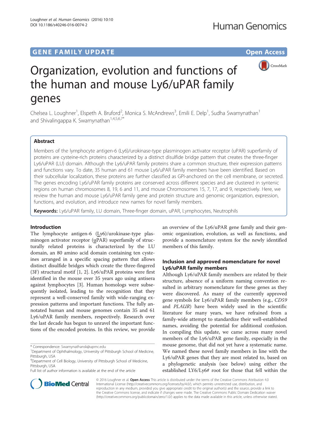 Organization, Evolution and Functions of the Human and Mouse Ly6/Upar Family Genes Chelsea L