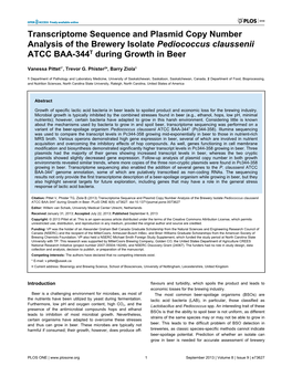Transcriptome Sequence and Plasmid Copy Number Analysis of the Brewery Isolate Pediococcus Claussenii ATCC BAA-344T During Growth in Beer